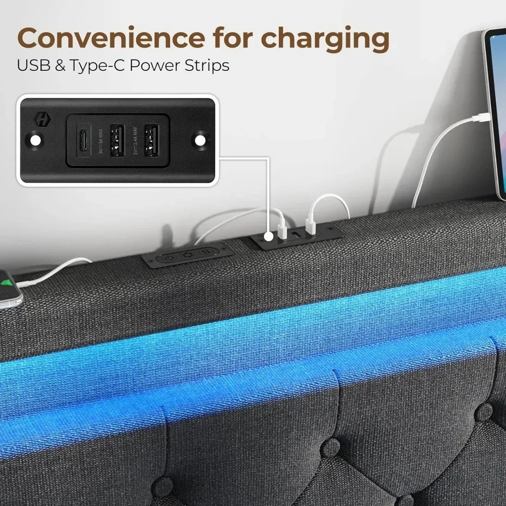 LED Queen Bed Frame with 4 Storage Drawers, Upholstered Bed with Adjustable Headboard& Charging Station, No Box Spring Needed