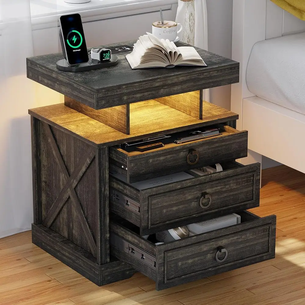 

LED-Illuminated Charging Nightstand with 3-Color Auto Light and Hidden Compartment in Brown