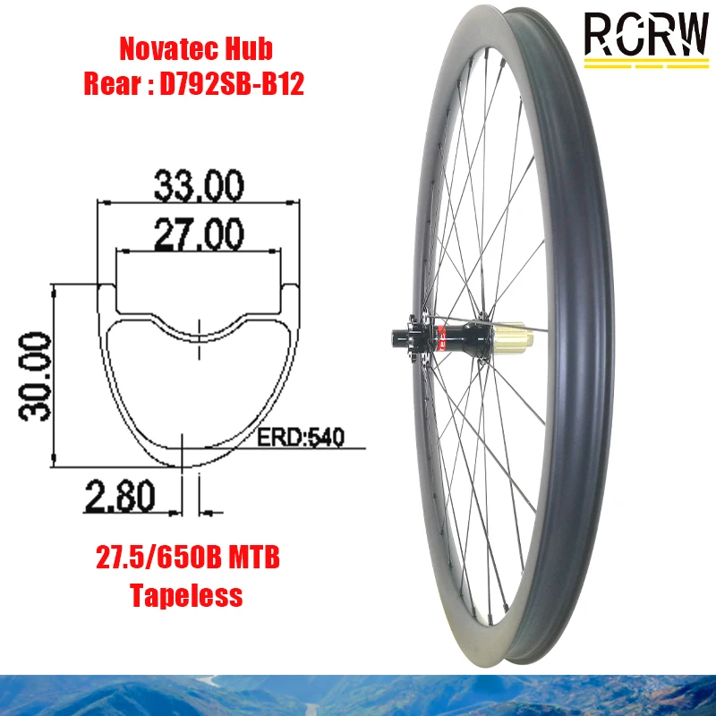 

27.5er 650B MTB XC 33*30mm Rear Carbon Wheel Asymmetric Tapeless Rim Wide 33 Deep 30 Novatec D792SB-B12 Boost HG XD XDR Hub