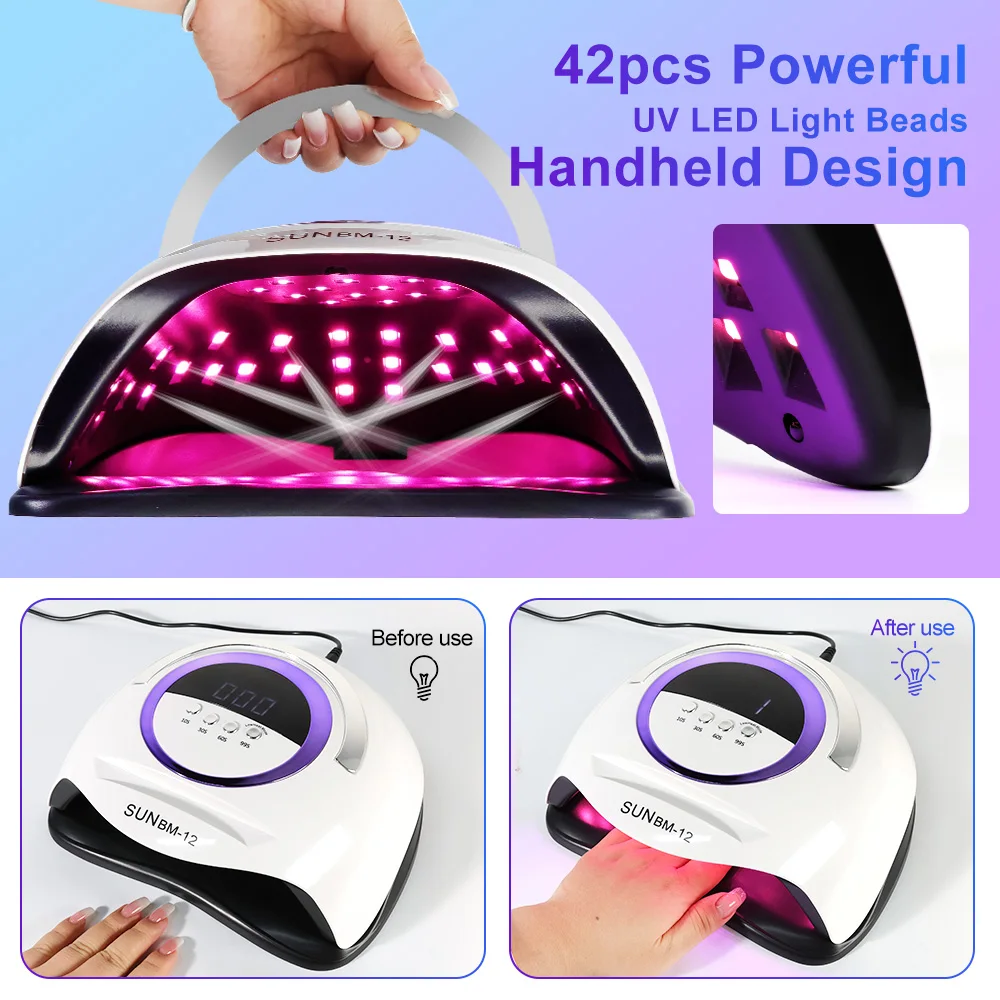 UV ランププロフェッショナル高速ネイルドライヤーネイルジェル硬化用 4 タイマーポータブルハンドル、自動センサー 42 ライトビーズ SUN BM12