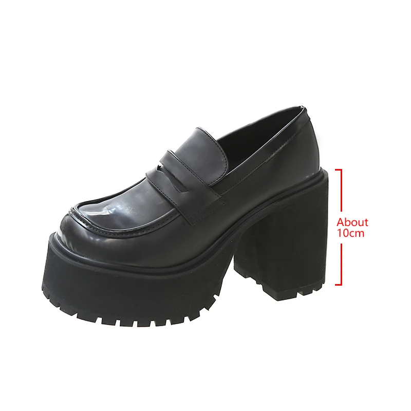 platform heels loafers Women Shoes Black Chunky Heel Pumps Leather Lolita Style Platform Cover Heel Slip-On Sexy Shoes Lady Shoe