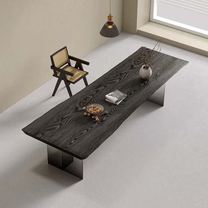 

Solid wood tea table black carbonized large board dining table acrylic gradual change desk old writing desk
