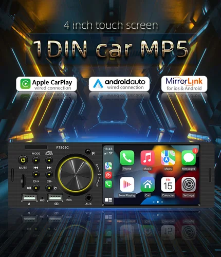 Imagen 2 del producto BQCC 1 Din4.1 pulgadas pantalla táctil Radio de coche con cable Android auto carplay Bluetooth FM USB Mirrorlink 7 luces coloridas estéreo de coche