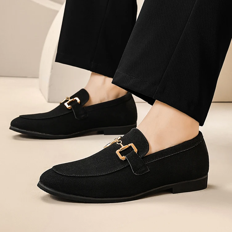 Fashion Brand Men Suede Leather Shoes Black Beige Horsebit Loafers Slip on Formal Mens Dress Shoes Wedding Office Casual Shoes