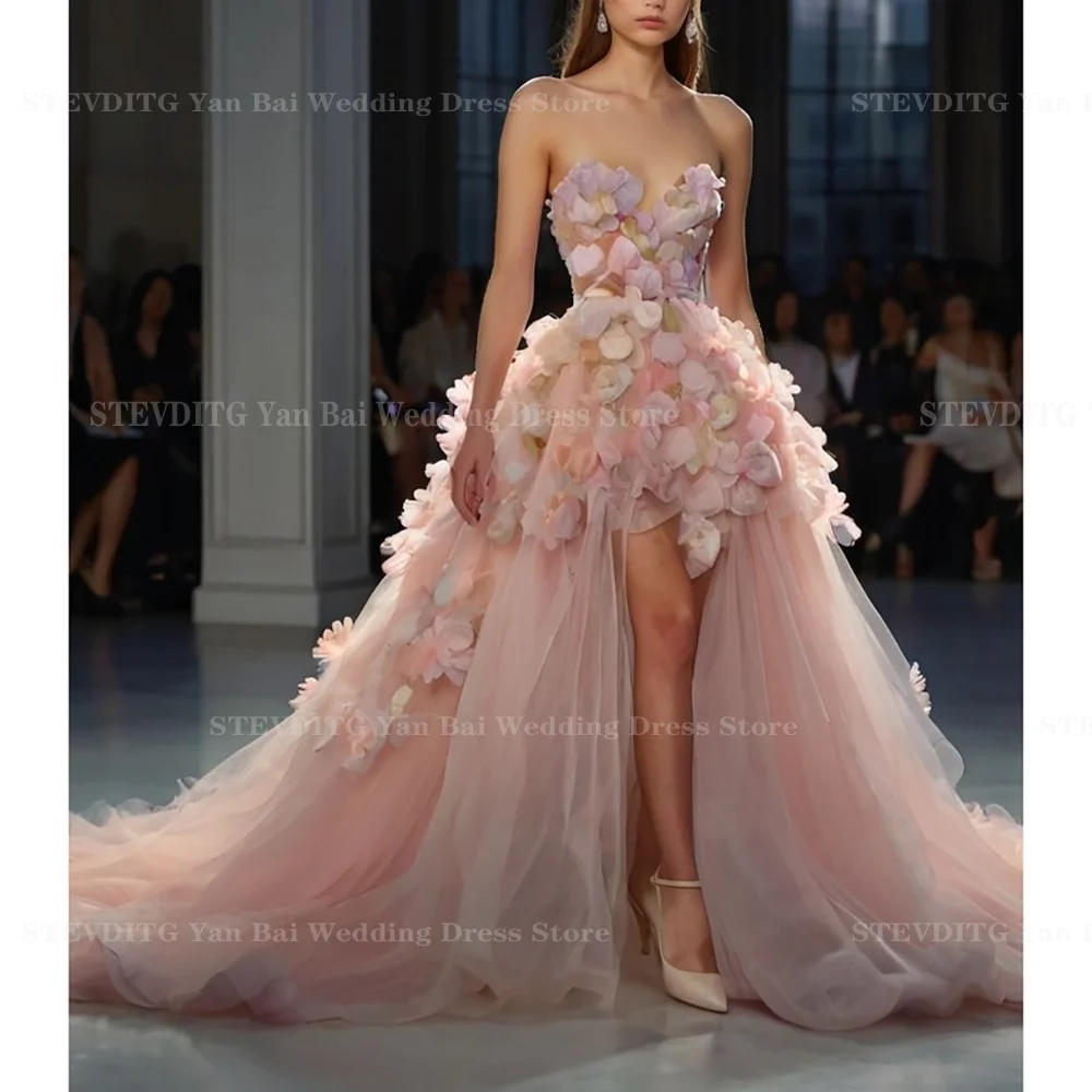 Vestidos de fiesta de flores 3D coloridos, vestido clásico sin tirantes sin mangas con tren de barrido, vestido alto/bajo para fiesta de cóctel, alfombra roja, vestido femenino