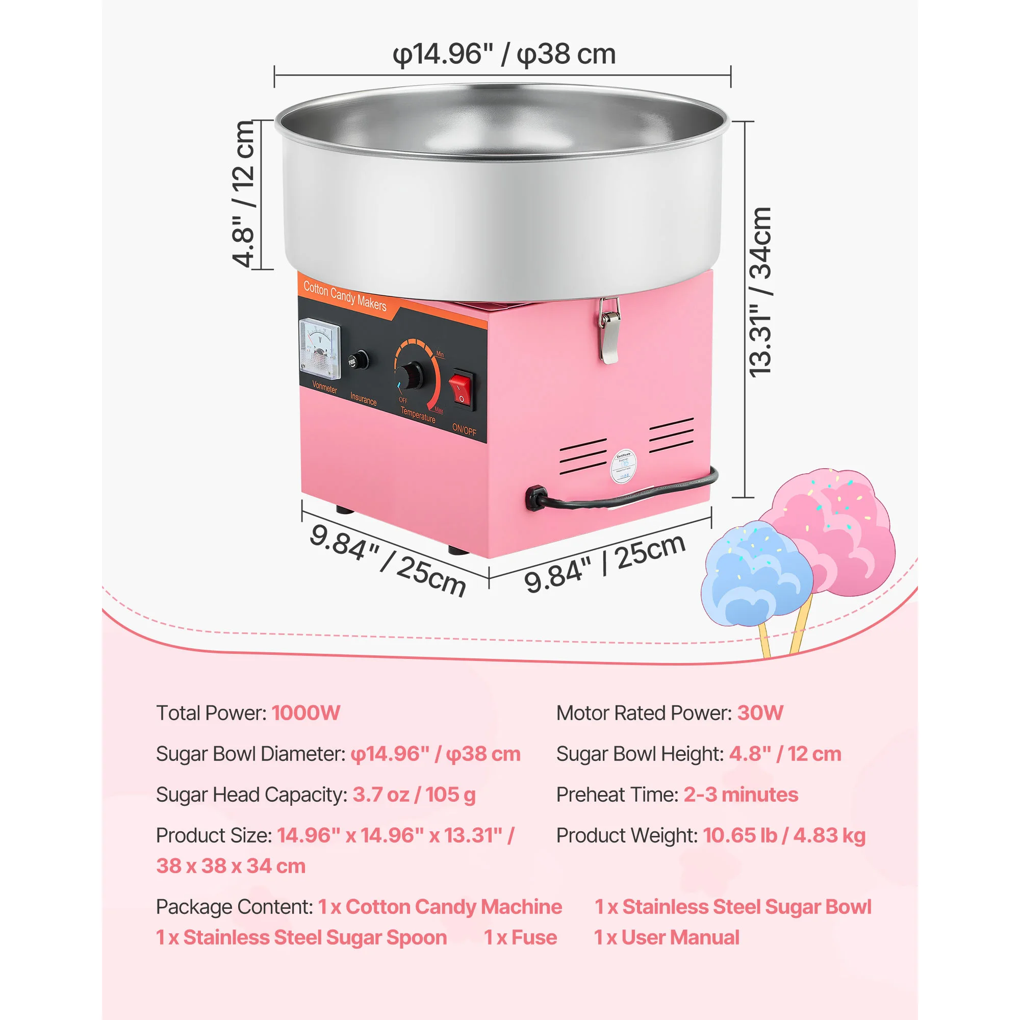 SucceBuy Cotton Candy Machine Commercial 1000W Electric Candy Floss Maker Easy Use with 15 inch Stainless Steel Bowl