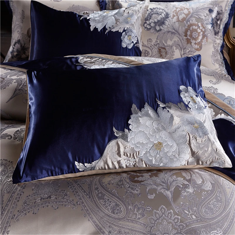 Blue Silver Silk Cotton Satin Jacquard Luxury Chinese Bedding Set Queen King size Bedding Set Bed Sheet/Spread Set Duvet Cover