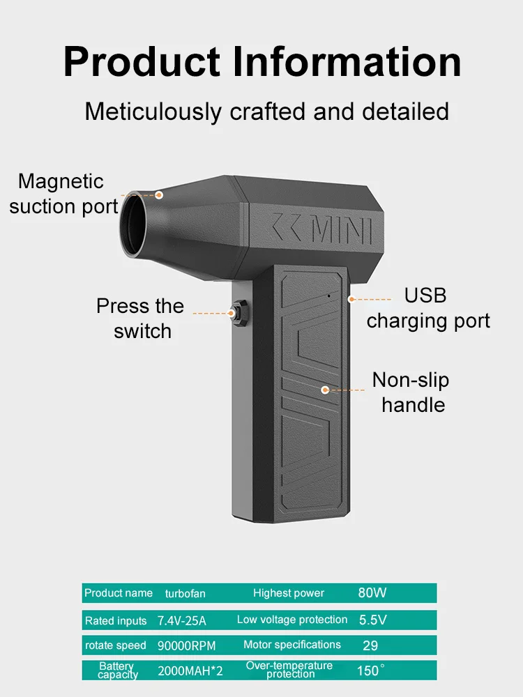 Turbo Jet Fan Electric Air Duster Portable 200000RPM Cleaning Blower Tool Car Blowing Snow 4 Gears adjustable Type-C Charging view 4
