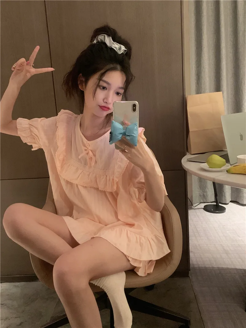 Cotton Jacquard Lace Sweet Princess Loose Leisure Wear Pajamas Set Women Sweet Pink Kawaii Summer Home Suit Korean Sleepwear