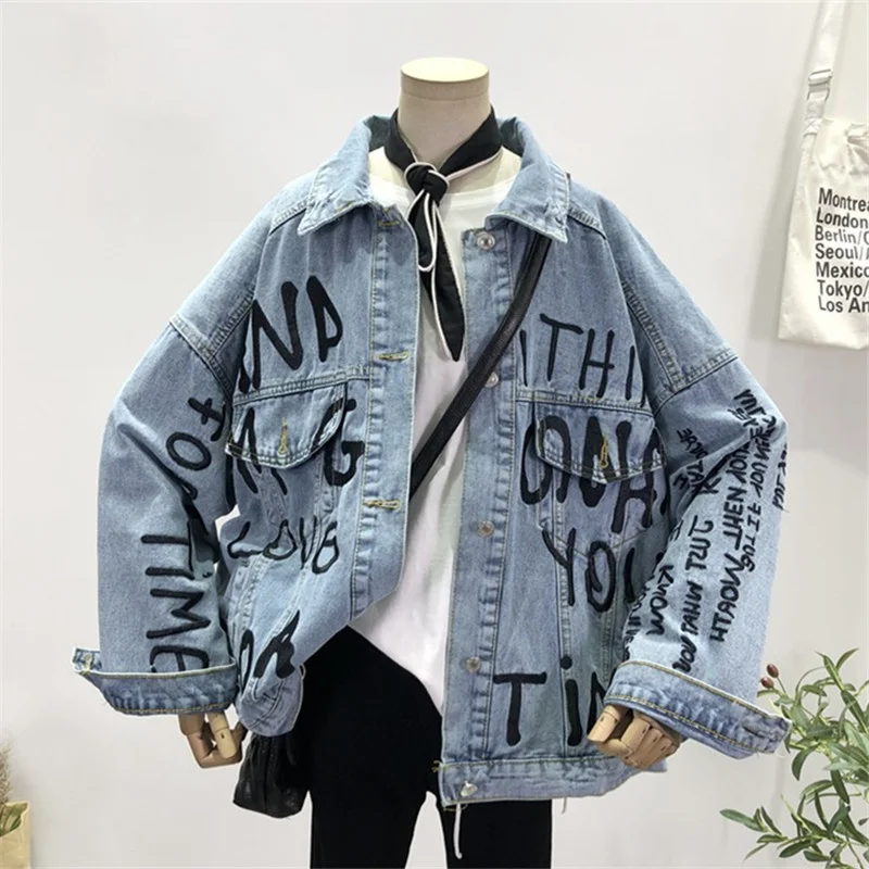 Vintage Blue Black Denim Jacket Women Korean Loose Letter Embroidery Cowboy Outerwear Big Pocket Long Sleeve Jeans Jacket Female