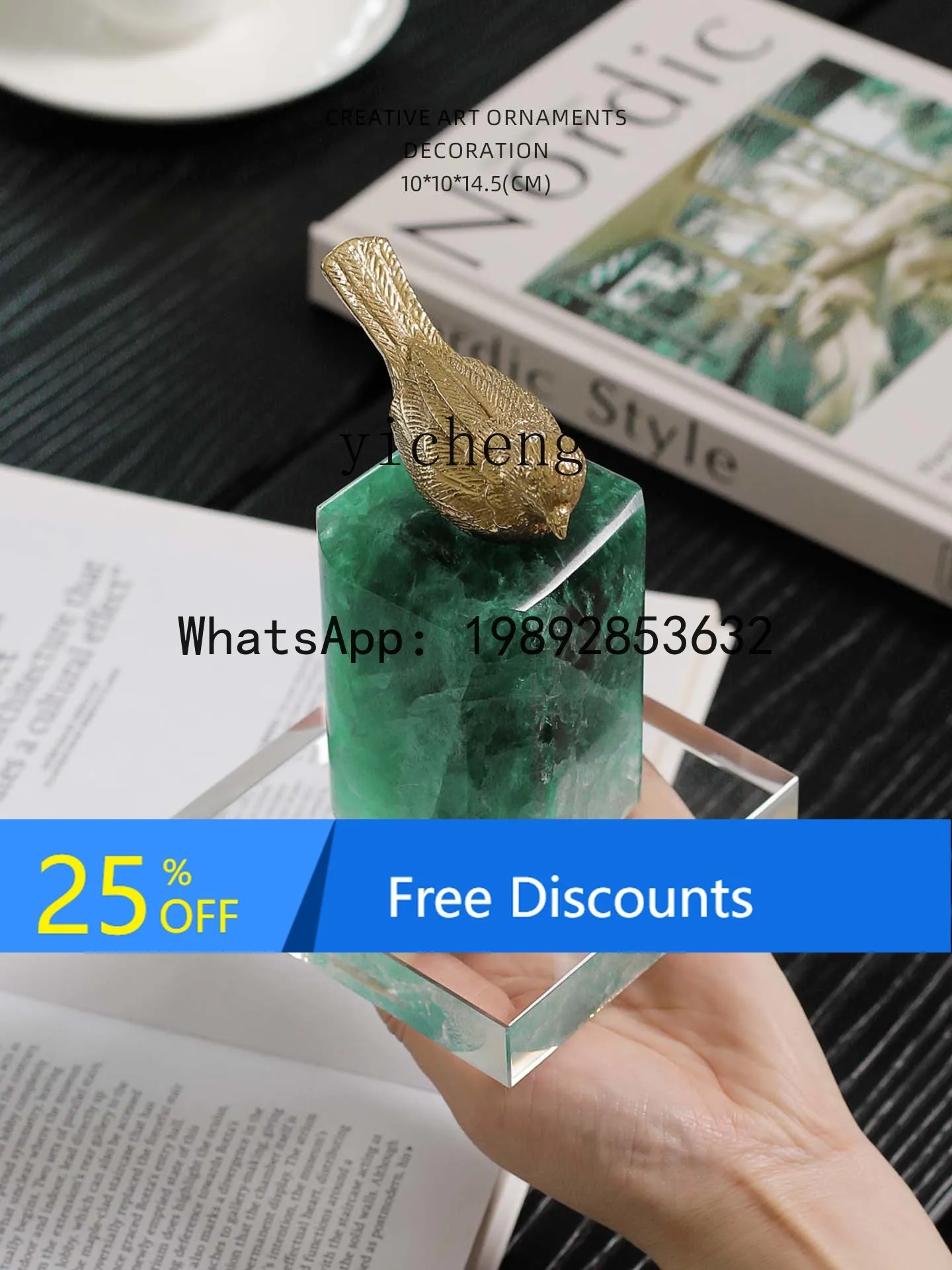 FZ  natural green fluorite real yellow copperfinch gilt has a good sense of allegory art ornament