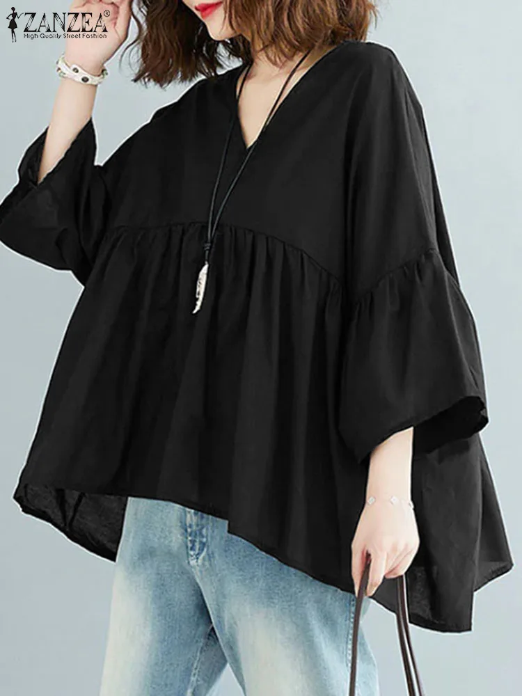 ZANZEA Casual Loose Blusa Women Solid Color Blouse Fashion Pleating V-neck Shirt 2024 Summer Flare 3/4 Sleeve Tops Tunic Holiday