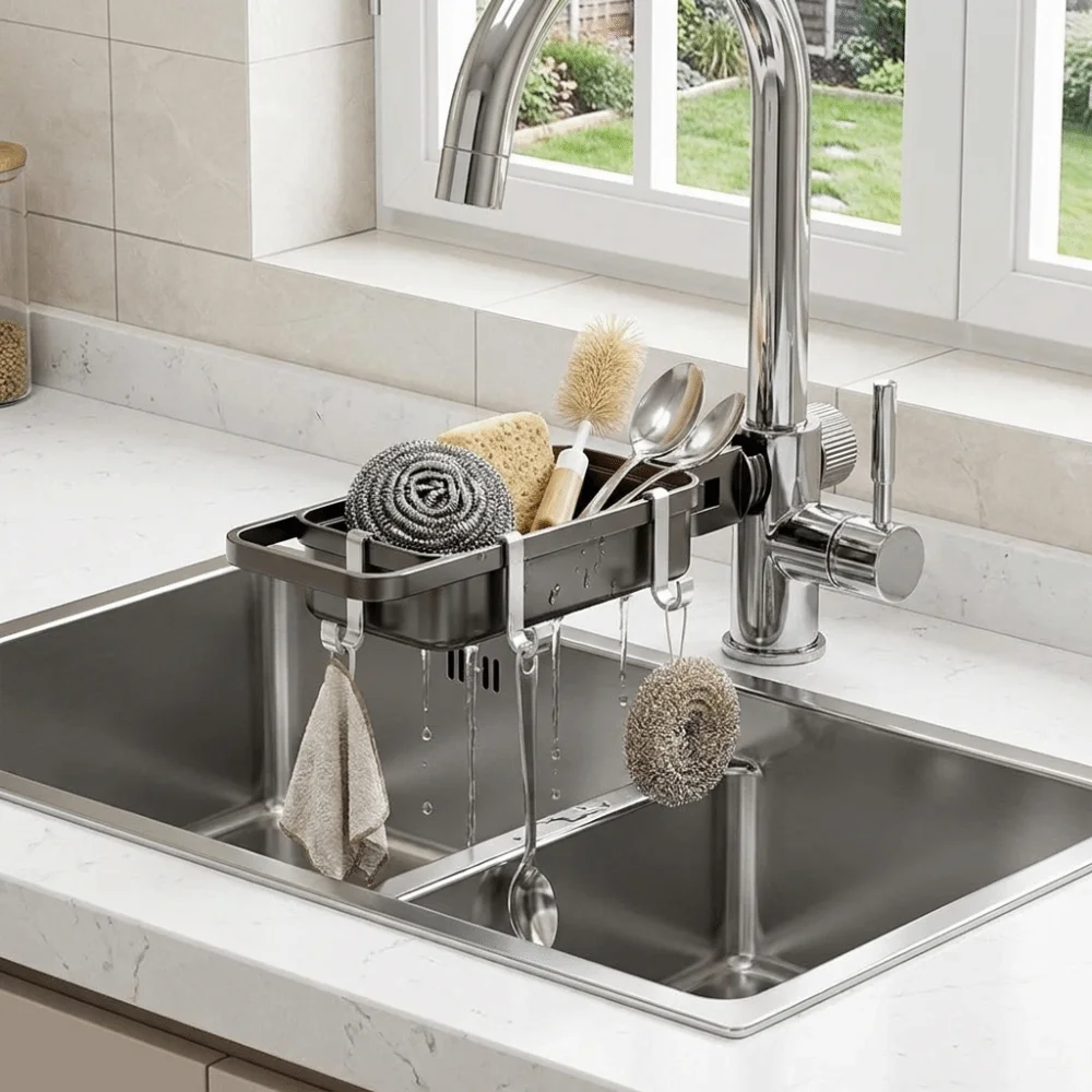 

Rotatable Structure Rotatable Kitchen Faucet Mount Hollow Draining Design Practical Design Storage Basket Perfect Fit