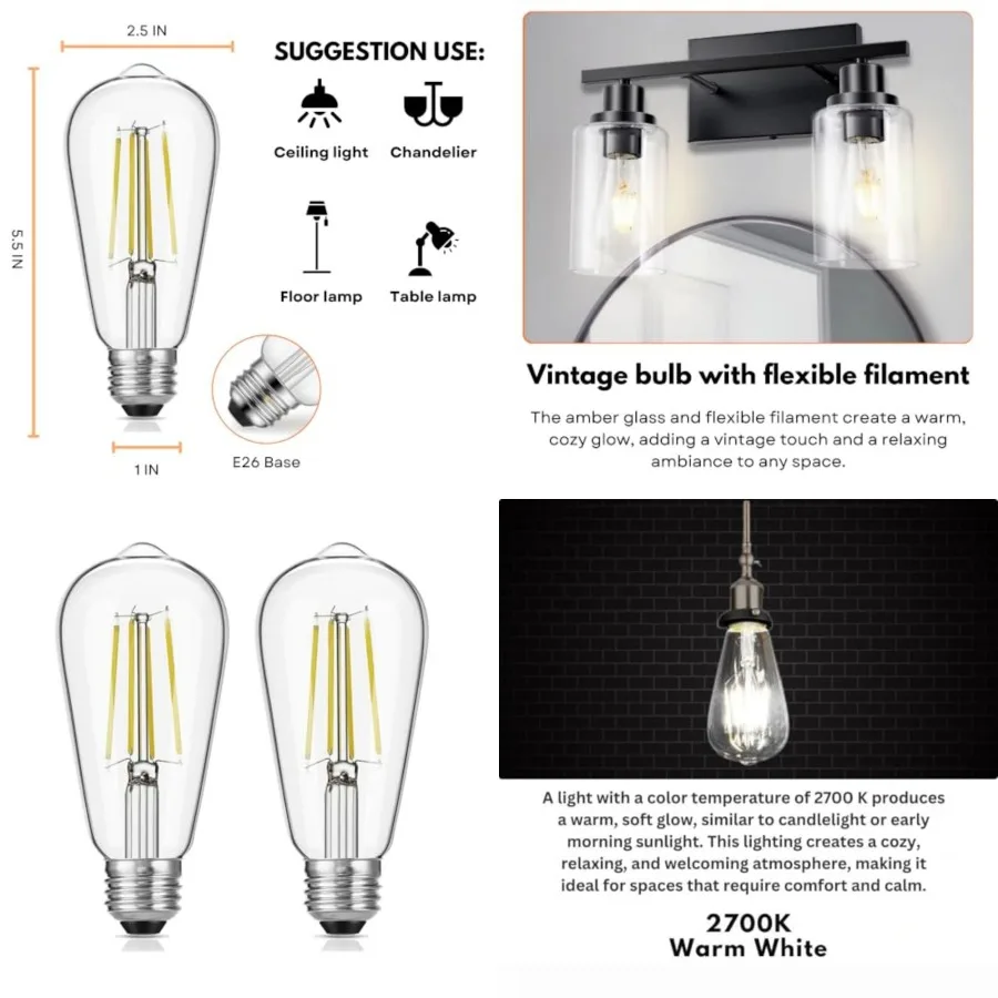 

6W LED Edison Bulbs, ST58 Vintage Filament Light 60W Equivalent,700 Lumens, Warm White 2700K, Clear Glass, E26 Base, Non-Dimmab