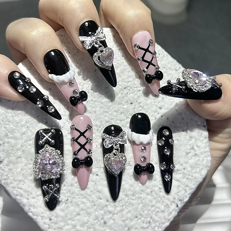 Y2K Menhera Handmade Press On Nails Lolita Sweetheart Skirt Black Pink Fake Nails Cool Spice Cute Bow Love Diamante Tip Nail Art