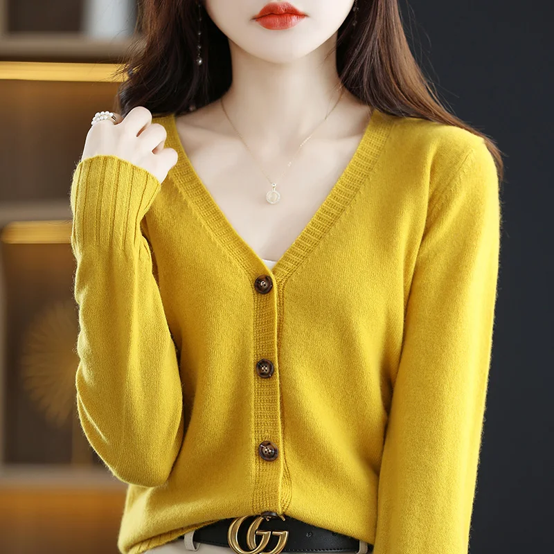 Women\'s Cardigan 100% Merino Wool Knitted Sweater Chic Top Causal Long Sleeve Loose Large Size Women Shirt Spring Autumn