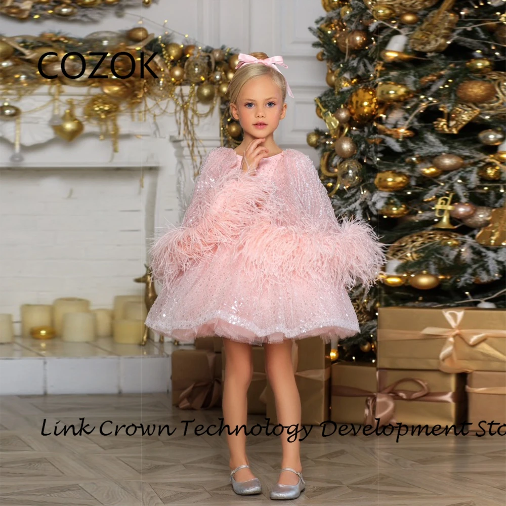 

COZOK Scoop Pink Flower Girls Dresses with Sequined A Line Christmas Dresses for Women 2024 Summer New فستان عيد الميلاد