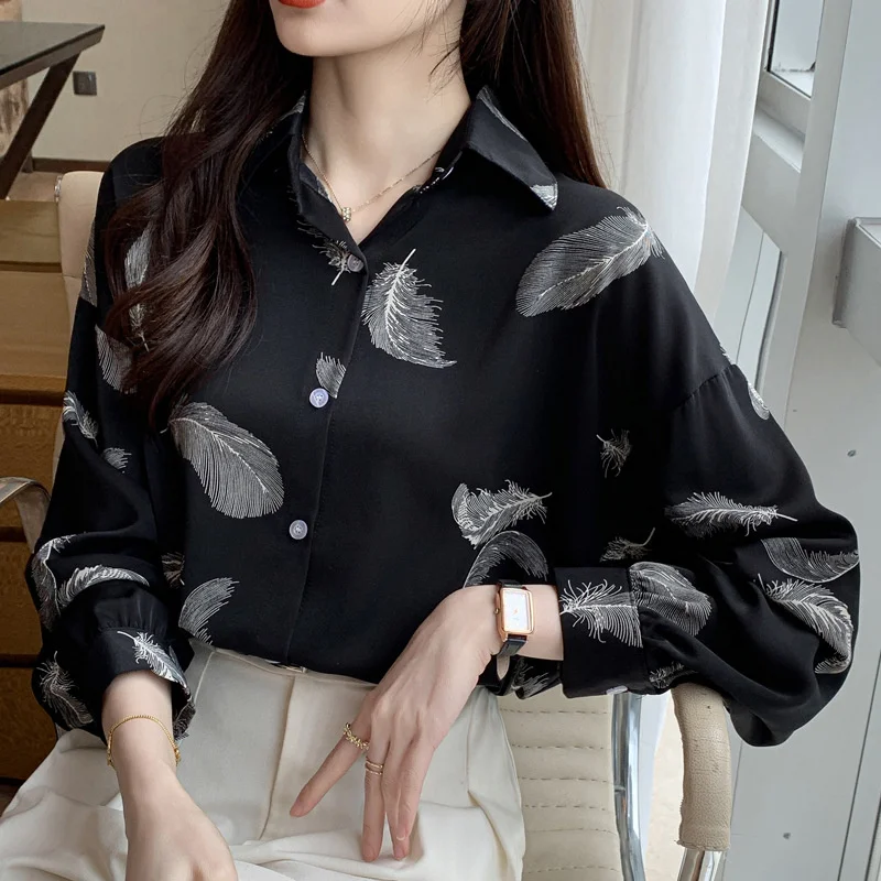 

Women Shirts & Blouses Elegant Long Sleeve Shirts Korean Style Feather Print Work Office Blouses Casual Tops Camisas Y Blusas