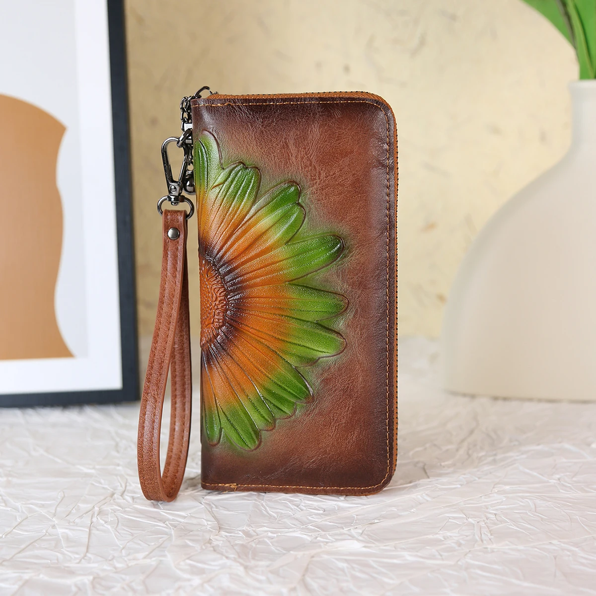 2025 nowa torebka damska zamek długi portfel Retro tłoczony ręcznie malowany natryskowo portfel rzemieślniczy moda damska