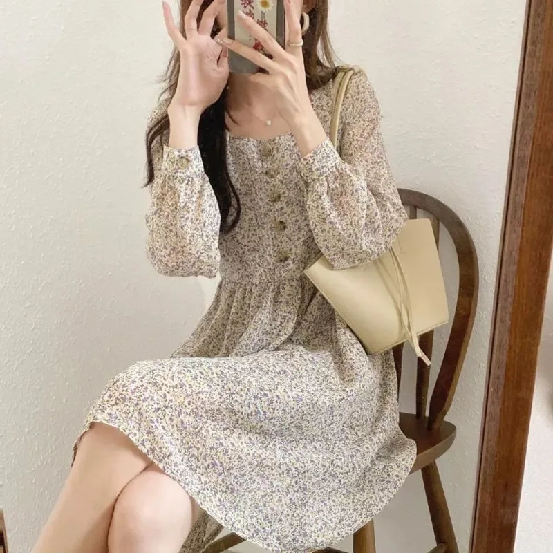 Floral Casual Spring and Autumn Women's Pullover Round Neck Patchwork Button Chiffon Loose Belly Covering Long Sleeved Dress