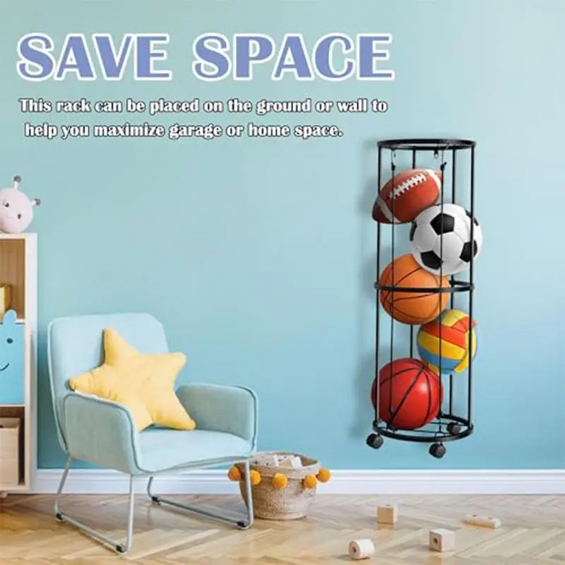 Columnar Vertical Ball Racks Rolling Basketball Holder Garage Sports Ball Storage Ball Storage Cage Rolling Basketball Storage