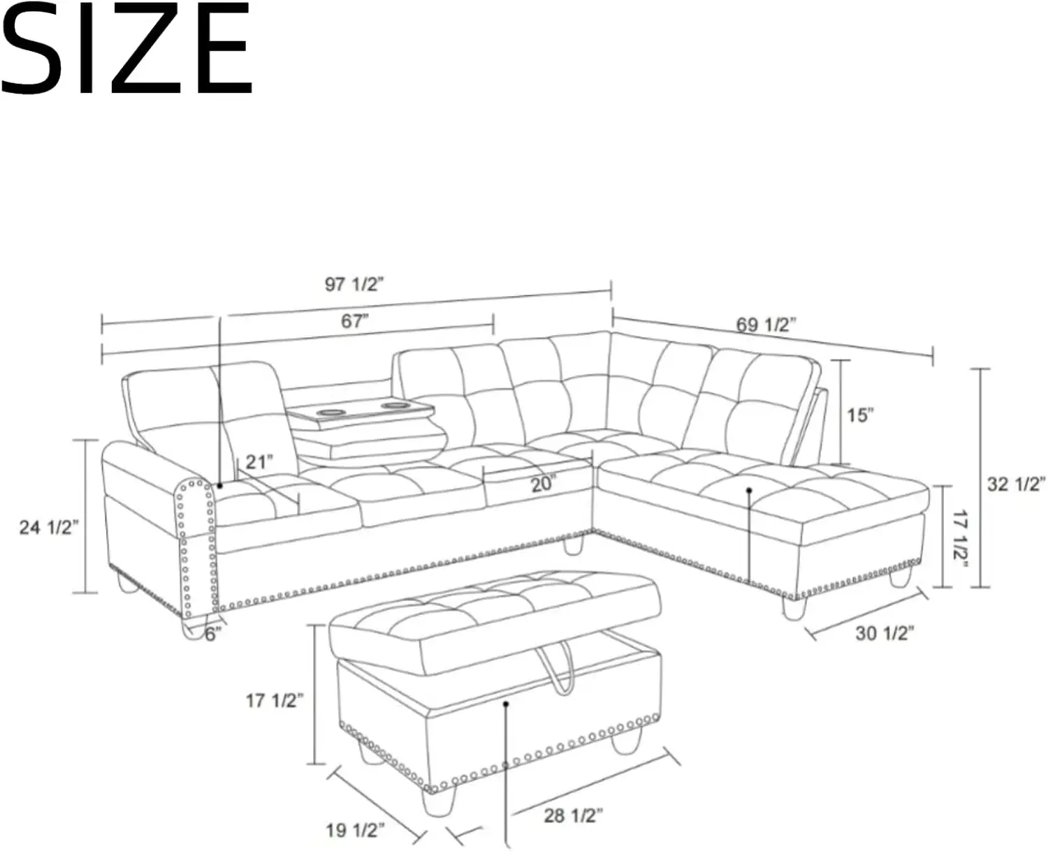 L Shaped Sectional Couches, Modular Sectional Sofa with Ottoman Storage, Nail-Head Design Lounge Sofa with Reversible Cup Holder