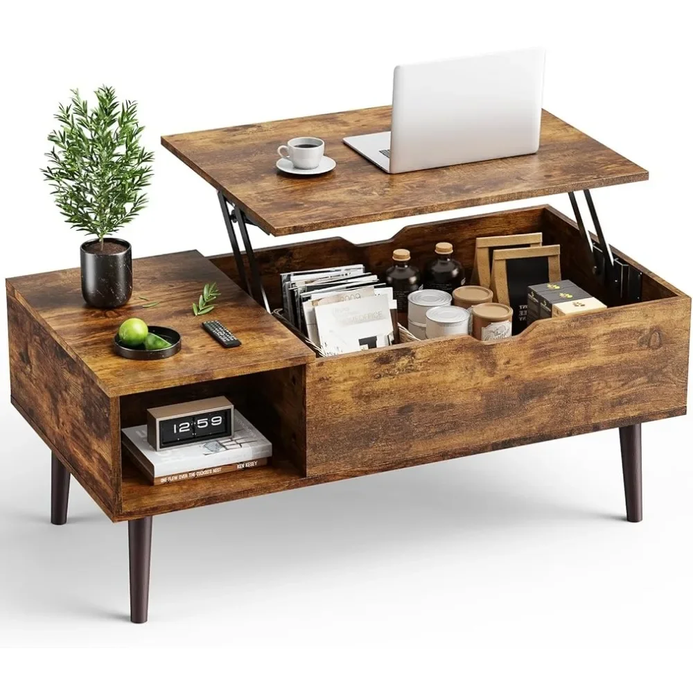 Modern Lift Top Coffee Table Wooden Furniture with Storage Shelf and Hidden Compartment for Living Room Brown Coffee Tables