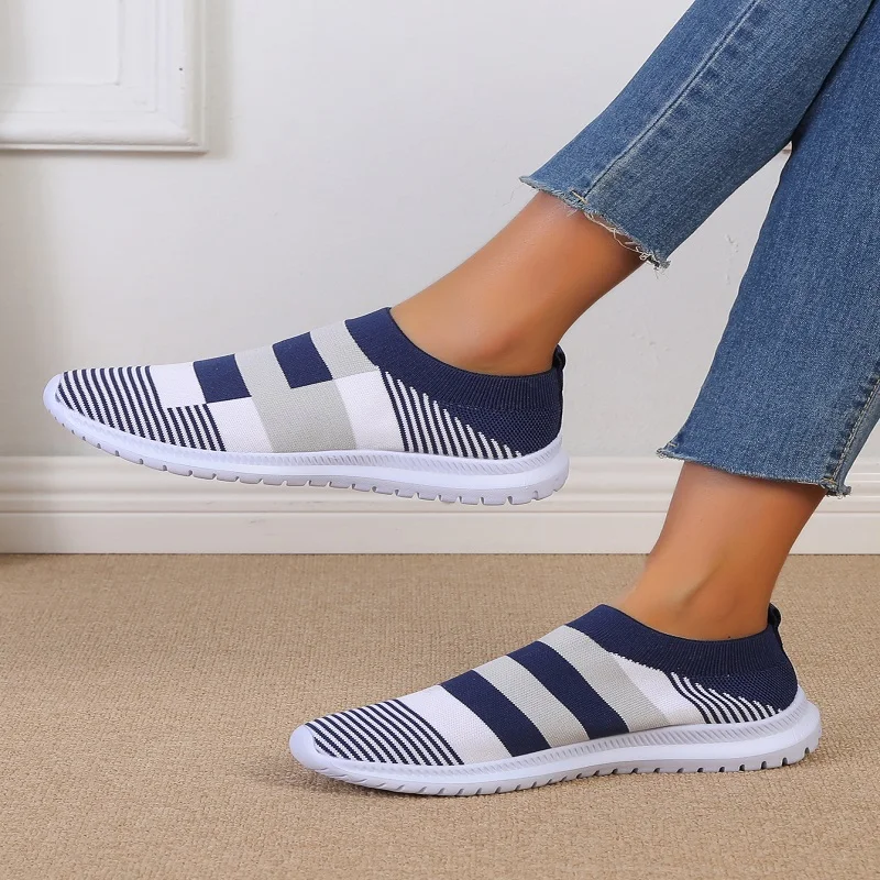 Fashion Striped Knitted Sneaker Shoes for Women Comfort Soft Slip-On Flats Woman Mix Color Non-Slip Sports Shoes Zapato Mujer