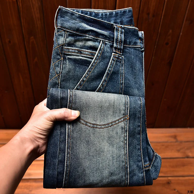 Jeans slim fit bordado masculino, calças compridas para motocicletas, jeans lavado, elástico azul com todos os fósforos, na moda