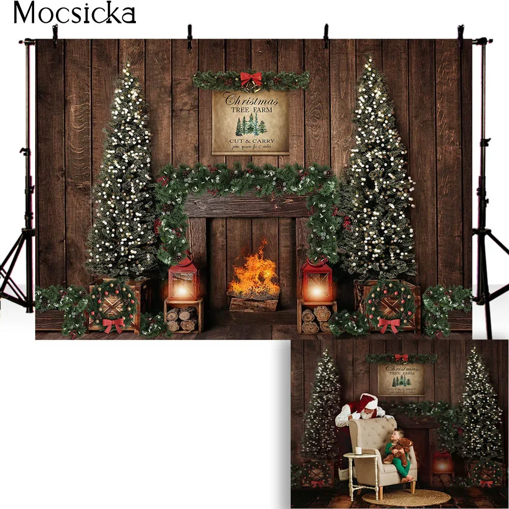 Mocsicka Merry Christmas Backdrop Fireplace Brick Xmas Tree Background Photographic Kid Family Photobooth Props Studio Photocall