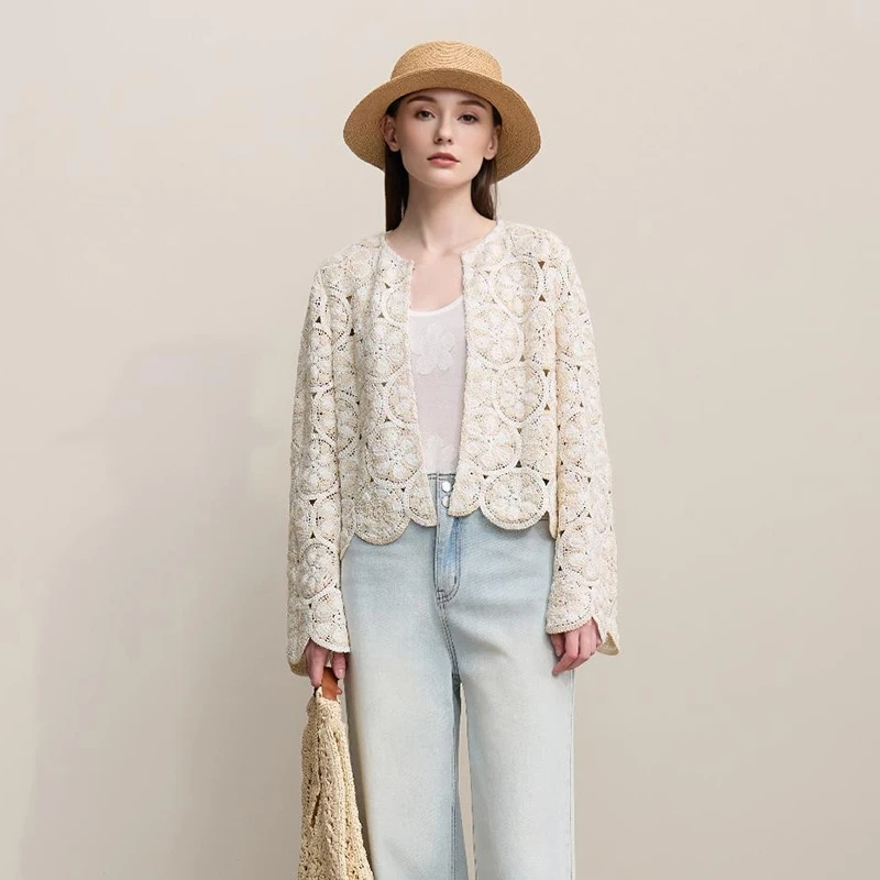 Women's Crochet Jacket - Round Neck Short Cotton Long Sleeve Top