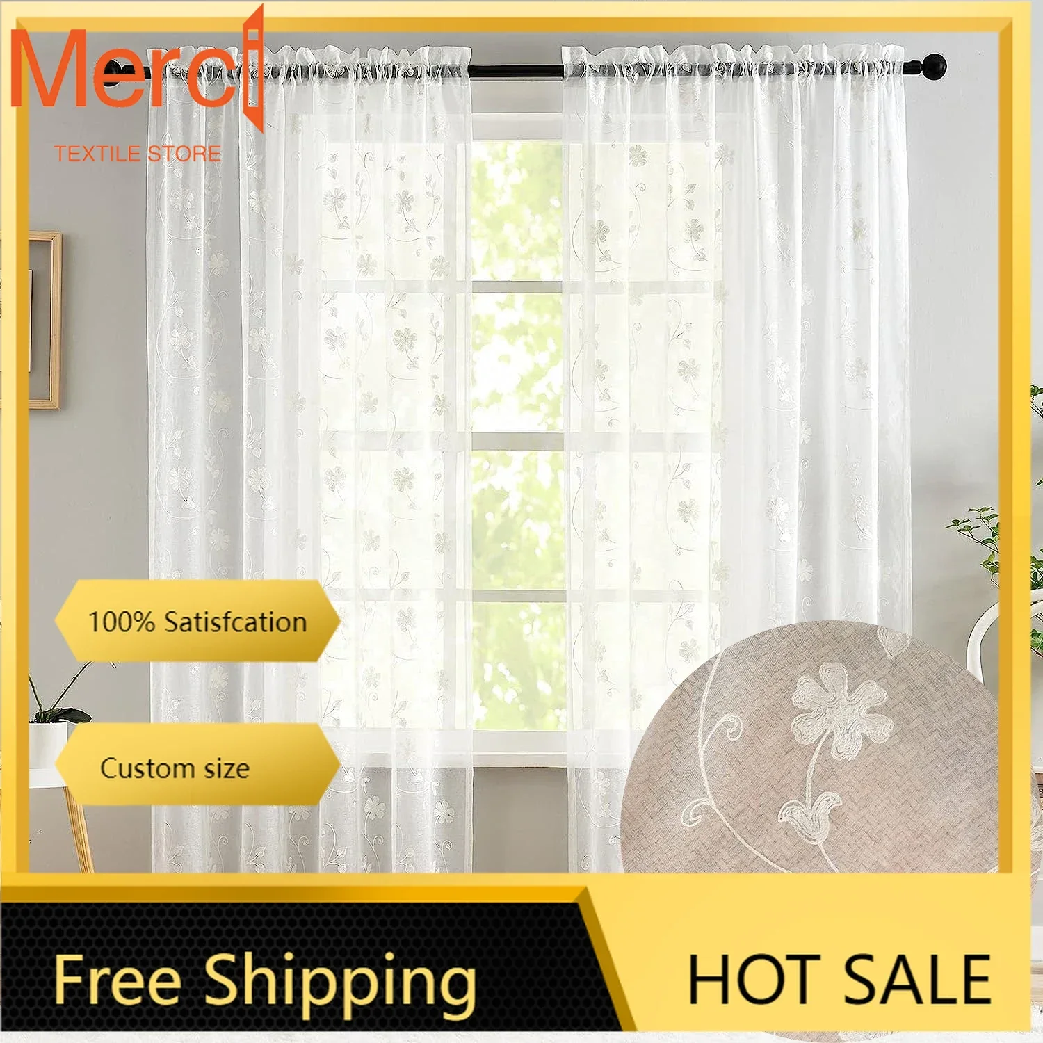 

Custom Made White Sheer Curtain Large Width Window Embroidered Curtain For Living Room Bedroom Finished Custom Curtain Custom