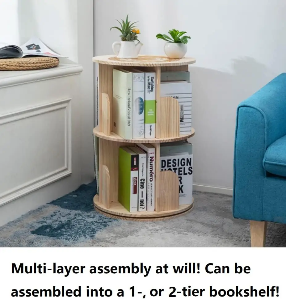 나무 회전 책장 360도 디스플레이 플로어 스탠딩 책장 어린이 및 성인용 다기능 정리함 (2단)
