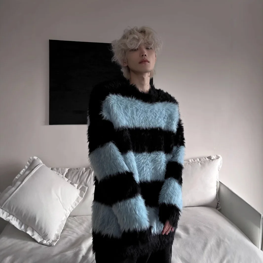 Autumn Winter Korean Striped Loose Oversized Knit Sweater Men's Casual Top