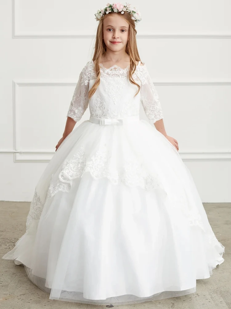 

Flower Girl Dresses Ivory Tulle Lace Appliques With Bow And Trailing Half Sleeve For Wedding Birthday Banquet Princess Gowns