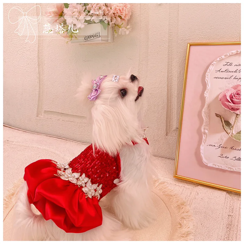 

Luxury Red Wedding Dress For Small Medium Dogs Pet Clothes Fine Handmade Sequin Crystal Party Dress Puppy Dog Clothing Chihuahua