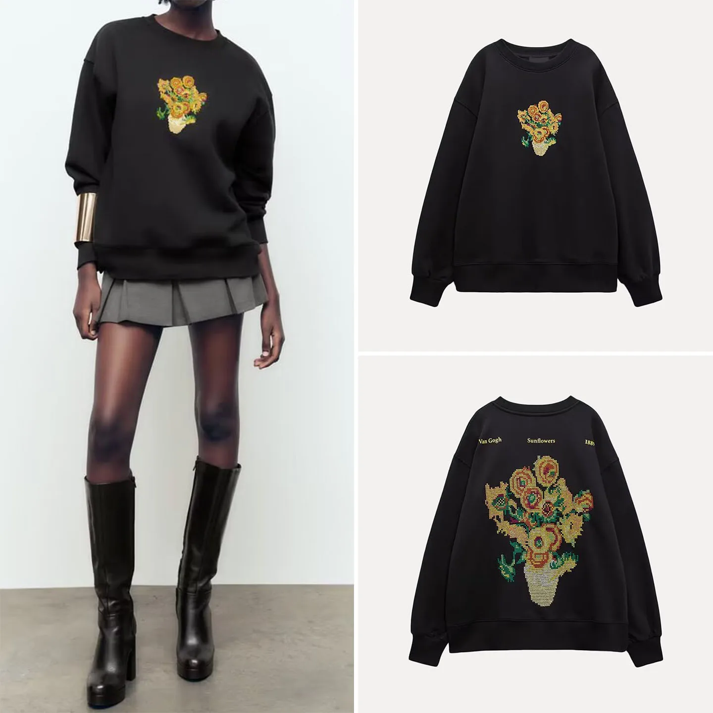 2022 Winter Neues Damen-Sweatshirt mit Blumenstickerei, vielseitig einsetzbar, personalisierbar, lockere Passform, lang, Sve, rund, für den Pendelverkehr...