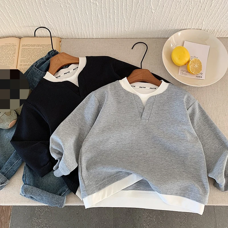 2026 Autumn Kids Hoodie Fall New Childrens Wear Boys Korean Fake Two Layer Pullover Baby Casual Wear Top 4