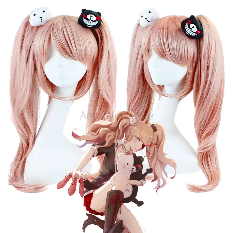 Capelli Anime Danganronpa parrucca Junko enosilima parrucca Cosplay rosa lungo ondulato con Clip coda di cavallo bianco nero orso forcine regalo ragazza