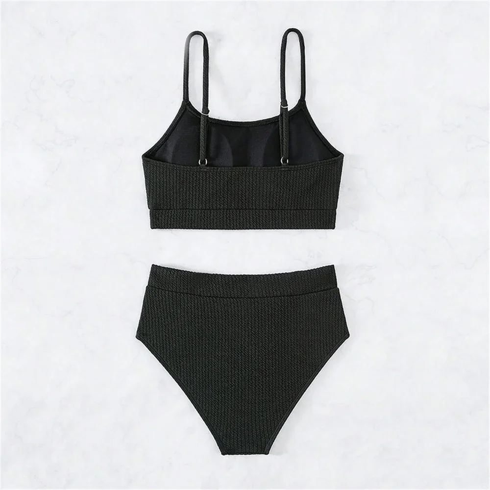 Бикини на бретельках с высокой талией, черный купальник в рубчик, купальник для отпуска, женский купальный костюм, пляжный летний наряд, бикини De Mujer Biquini