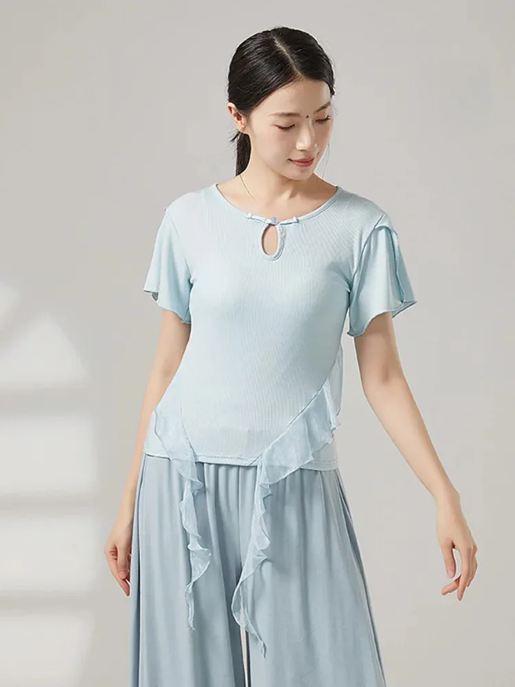 Solid Color Ballet Top for Women, Ruffle Hem Short Sleeve Crew Neck Dance Shirt for Stage Performance & Training