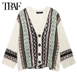 TRAF 2024 Woman Jacquard Knit Cardigan For Women Print Long Sleeve Loose Cardigan Sweter damski New In Knitwears Fashion Coats