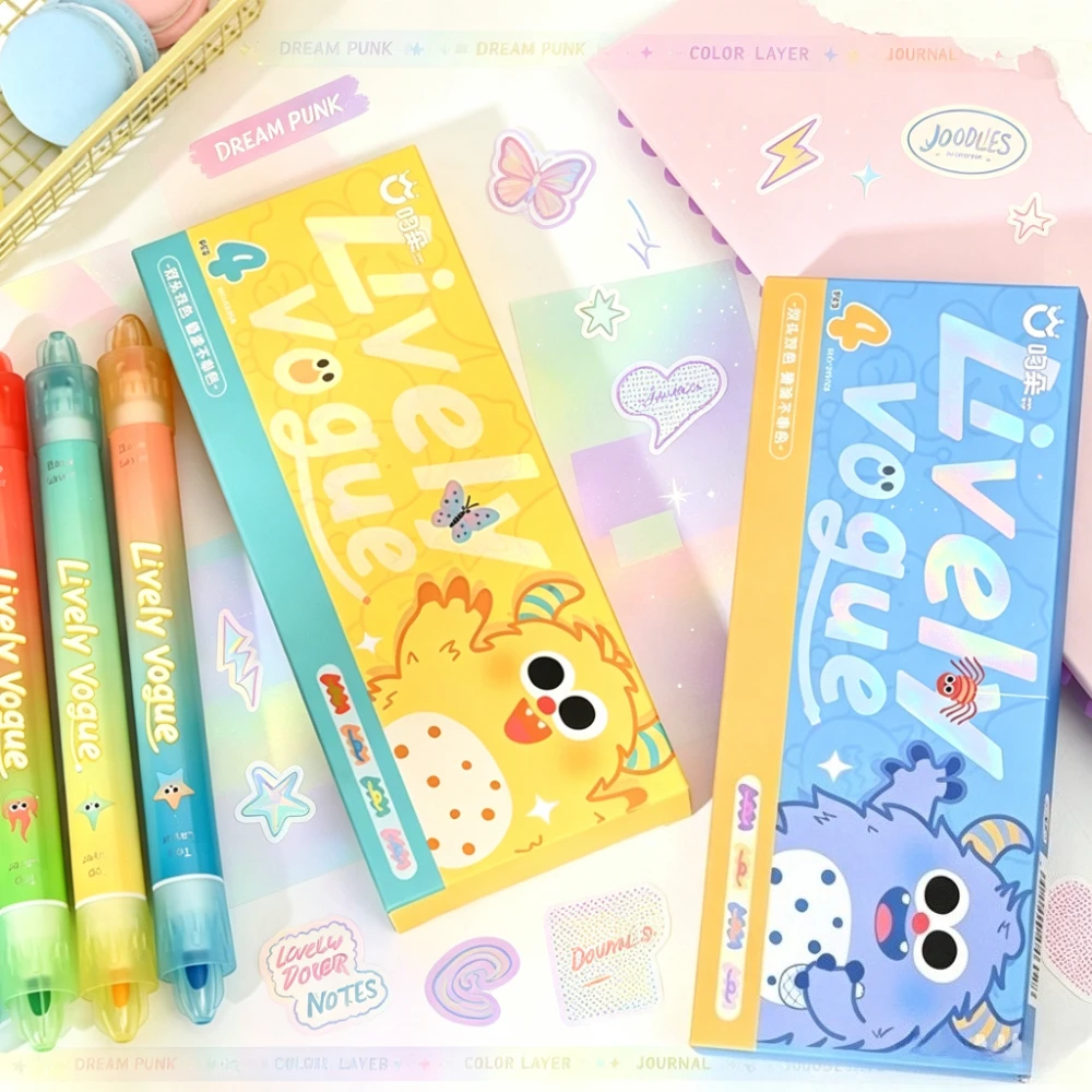 4pcs Cartoon Dual-Head Fluorescent Pens Set Gradient Design Quick-Dry Ink for Notes Journals Creative Drawing Learning Crafting
