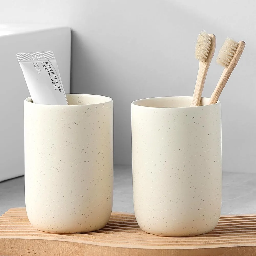 

Beige Toothbrush Holders for Bathrooms - 2 Cups Ceramic Toothbrush Toothpaste Holders Set, Beige Bathroom Tumbler Cups Reusable
