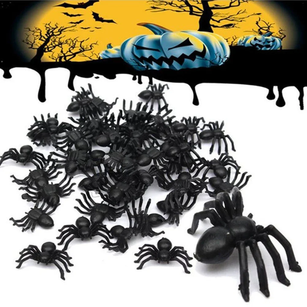 50Pcs 2cm Small Black Plastic Fake Spider Toys Halloween Funny Joke Prank Realistic Props