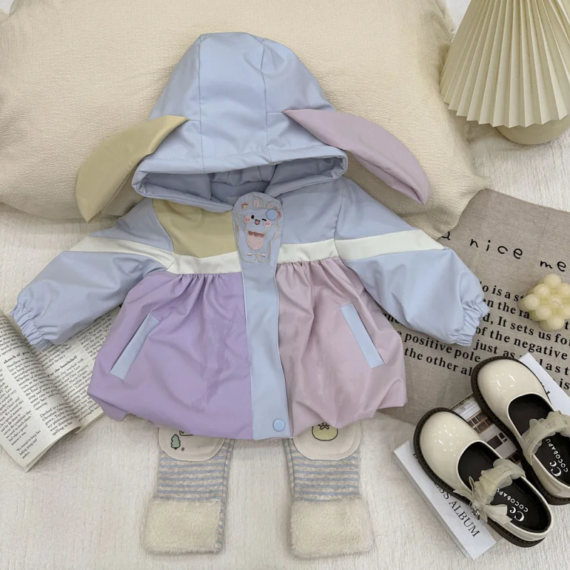 Girls Fleece-Lined Suit2024Autumn and Winter New Sweet Baby Girl Rabbit Ears Hooded Jacket Striped Warm-Keeping Pants