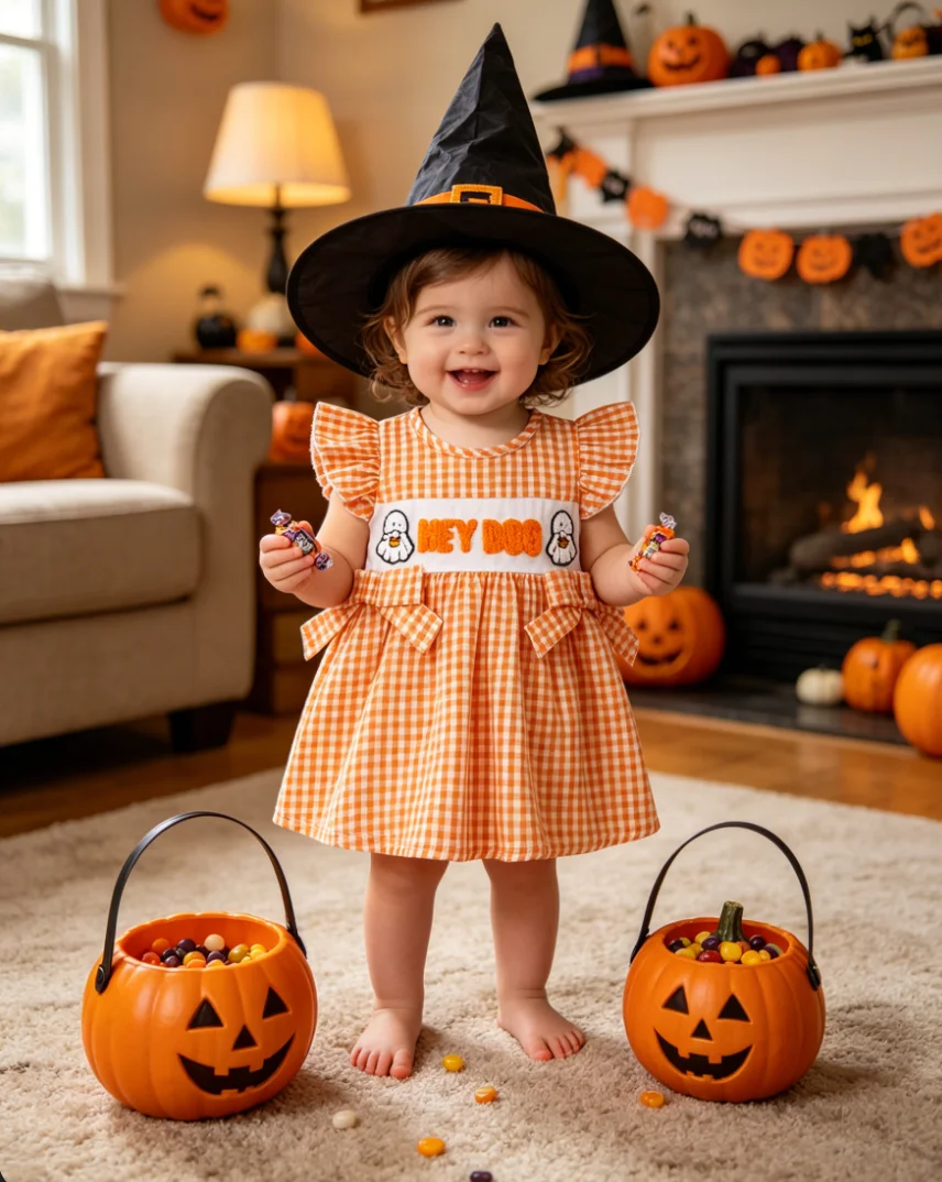 

Toddler Girl Halloween Dress Ghost Towel Embroidery Orange Plaid Ruffle Sleeveless Baby Princess Party Outfit