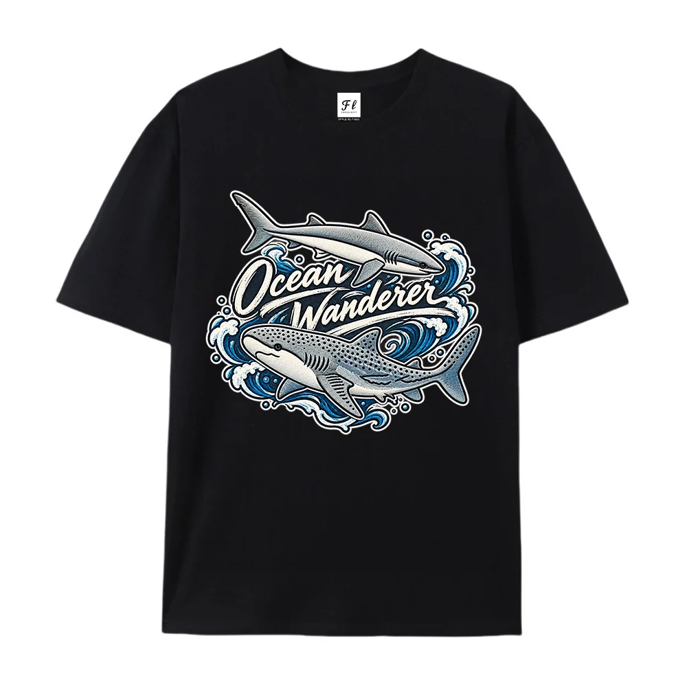 Retro Ocean Wanderer Shark Graphic Tee Men Women Vintage Sea Animal Print Short Sleeve Loose Streetwear Casual Daily Summer Top