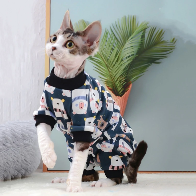 Bawełna Sfinks Pet Cat Clothes Cartoon Hoodies For Sphynx Comfortable Kitten Jumpsuit Devon Rex Cute Shirt Spring Autumn Winter