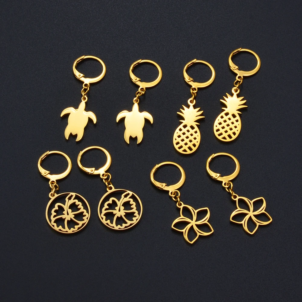 Anniyo Hawaii Flower Earrings for Women Girl Gold Color Stainless Steel Tortoise Pineapple Guam Kiribati Earring Jewelry #116221